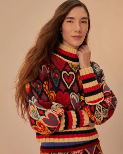Farm Rio Black Hearts Ikat Knit Sweater Sale