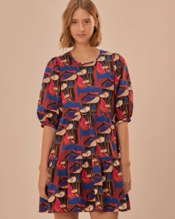 Farm Rio Black Wild Mushrooms Puff Sleeve Mini Dress