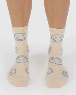Baggu Crew Socks - Ecru Periwinkle Happy