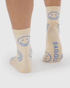 Baggu Crew Socks - Ecru Periwinkle Happy