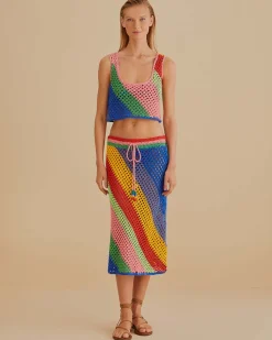 Farm Rio Diagonal Stripes Crochet Midi Skirt Best