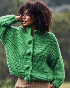 Little Lies Hand Knitted Pom Pom Cardigan Green Clearance