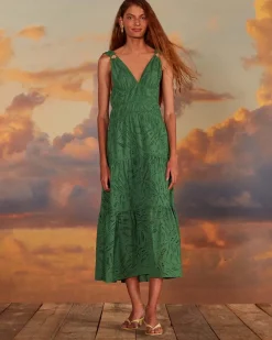 Farm Rio Green Monstera Corset Eyelet Maxi Dress Clearance