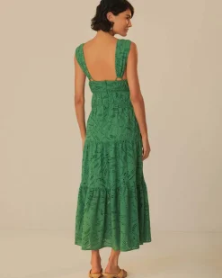 Farm Rio Green Monstera Corset Eyelet Maxi Dress Clearance