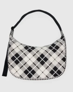 Baggu Large Nylon Crescent Bag w/ Key Leash - Mixed Plaid New
