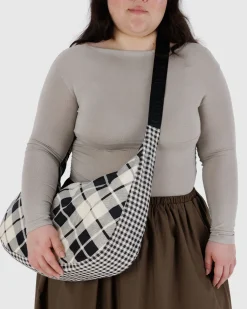 Baggu Large Nylon Crescent Bag w/ Key Leash - Mixed Plaid New