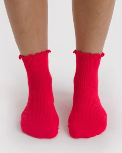 Baggu Lettuce Edge Sock Set Of 2 - Light Blue & Red Hot
