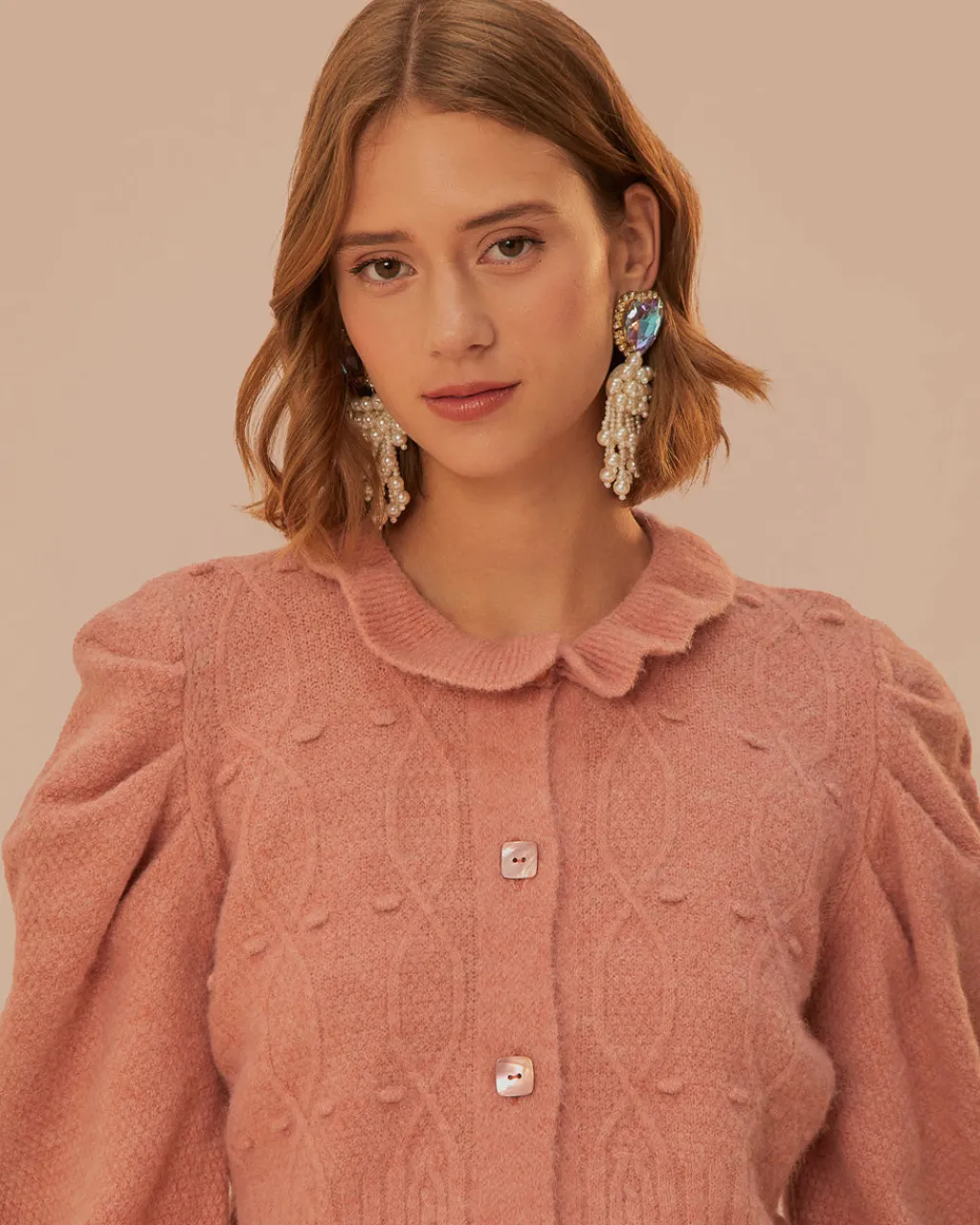 Farm Rio Light Pink Ruffle Knit Cardigan Hot
