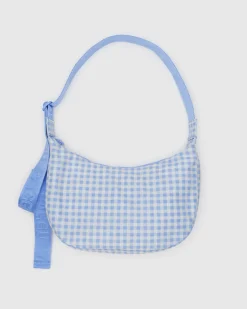 Baggu Medium Nylon Crescent Bag w/ Key Leash - Light Blue Gingham