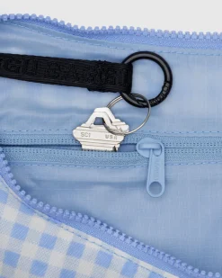 Baggu Medium Nylon Crescent Bag w/ Key Leash - Light Blue Gingham