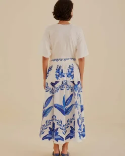 Farm Rio Off-White Blue Yard Organic Cotton Midi Skirt New