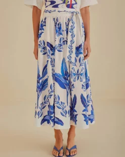 Farm Rio Off-White Blue Yard Organic Cotton Midi Skirt New