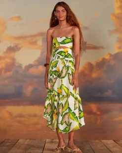 Farm Rio Off-White Summer Foliage Strapless Midi Dress Outlet
