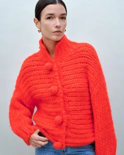 Little Lies Hand Knitted Pom Pom Cardigan Red Hot