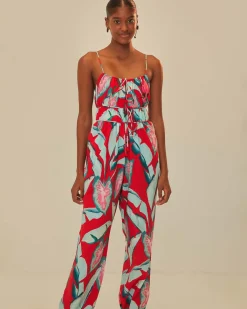 Farm Rio Red Summer Foliage Organic Cotton Jumpsuit Discount