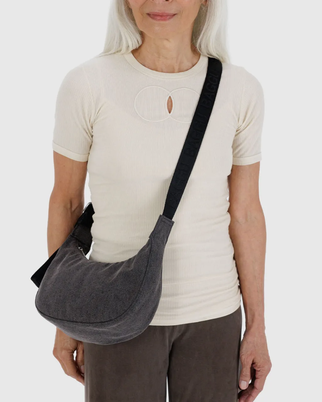 Baggu Small Denim Crescent Bag w/ Key Leash - Washed Black Denim Outlet