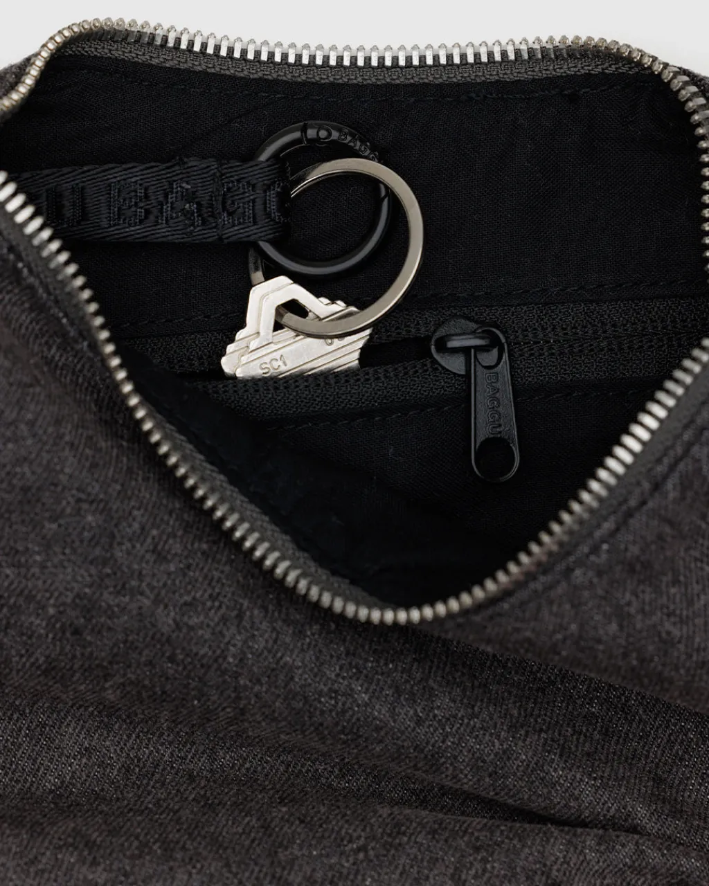 Baggu Small Denim Crescent Bag w/ Key Leash - Washed Black Denim Outlet